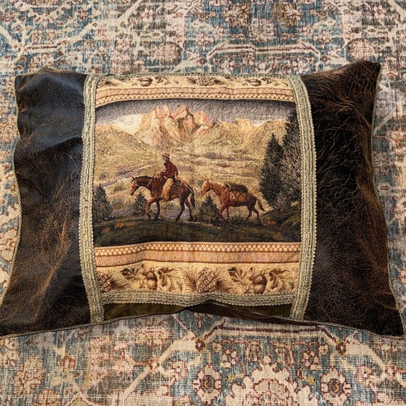 Wooded River Other - Western Tapestry and leather look Pillow Sham  by Wood River Bed Pillow size